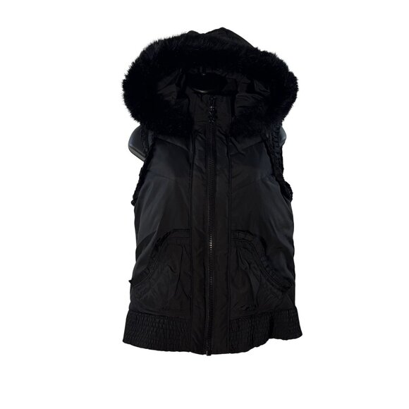 Betsey Johnson Jackets & Blazers - Betsey Johnson Black Hooded Vest W/ Faux Fur Trim & Floral Lining Size S